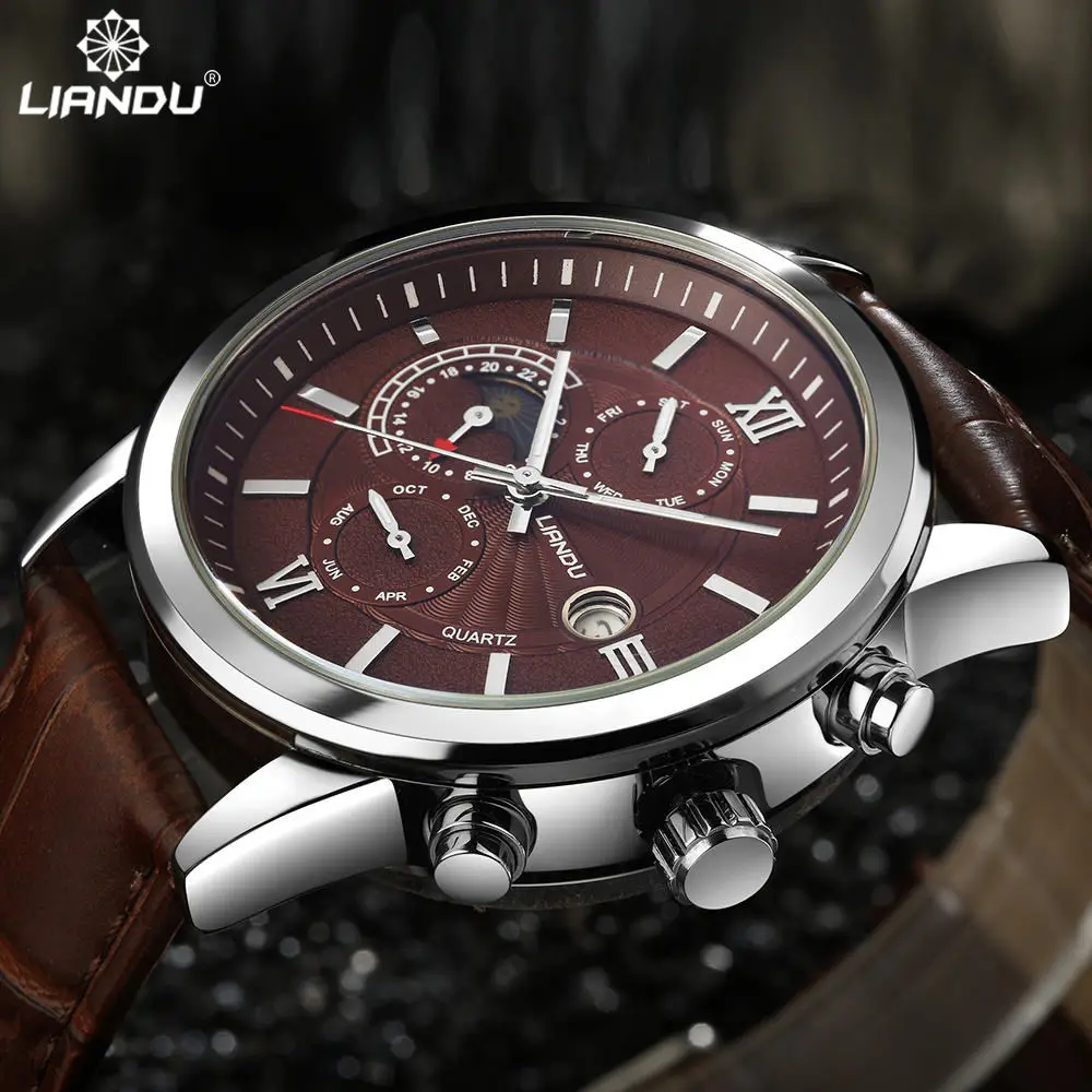 Liandu Moon Phase Мужская Повседневная Кварцевые часы многофункциональные спортивные