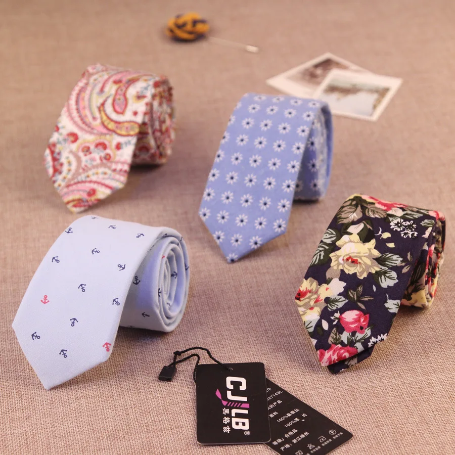 

new Korean fashion casual designer high quality mens paisley floral cotton slim narrow neck ties 6cm 5pcs/lot