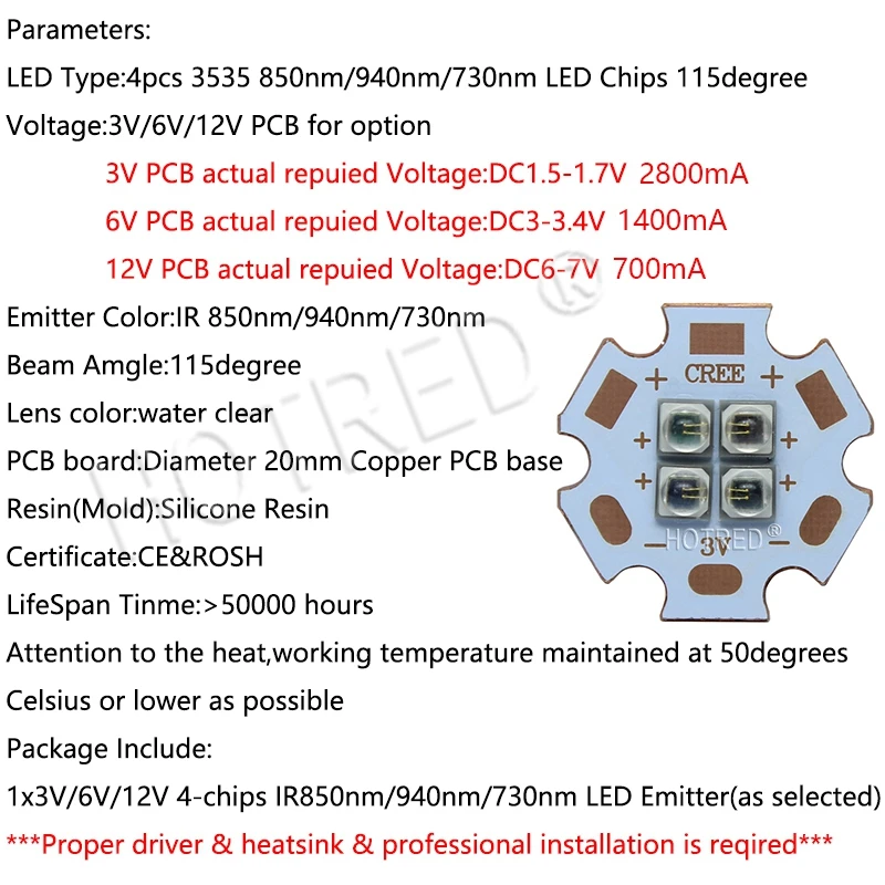 10 Вт-12 Вт EverLight 3535 4 чипа 4-светодиодный s 3V6V12V инфракрасный ИК 850nm 940nm 730nm высокомощный светодиодный Диод с 20 мм медной печатной платой