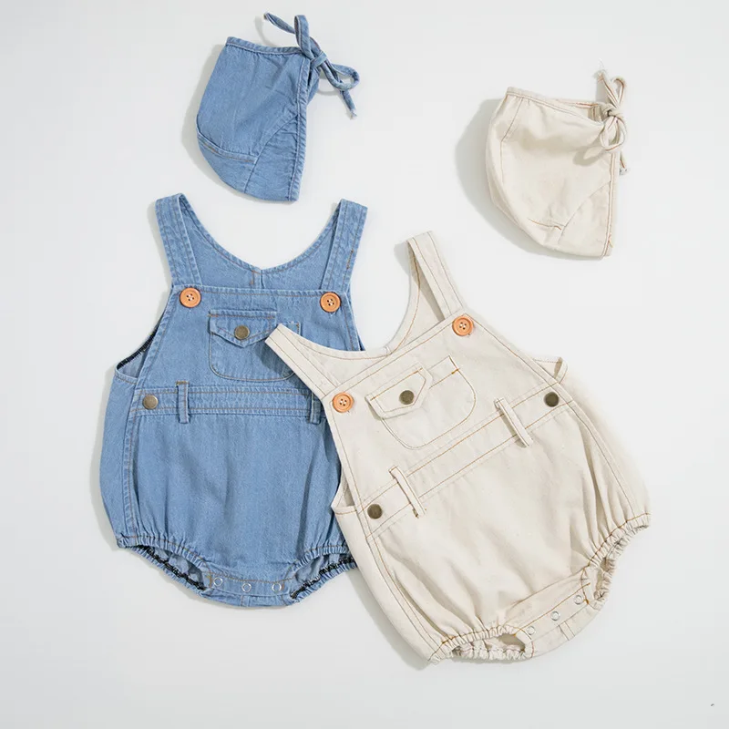 

Newborn Baby Kids Denim Rompers with Hats Candy Blue Beige Color Halter Spring Summer Autumn Fashion Baby Clothes