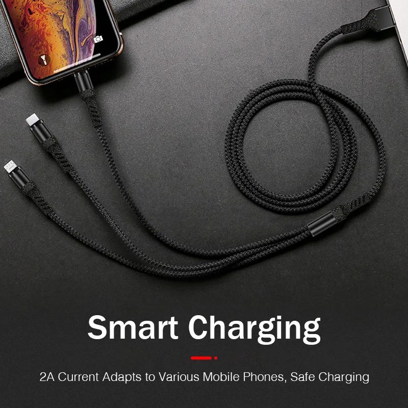 Кабель ROCK 3 в 1 USB для iPhone XS X 8 7 6s Зарядный Type C Micro Android кабели мобильных