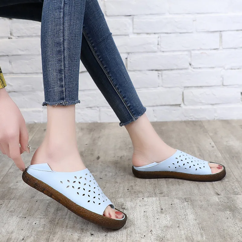 Для женщин выдалбливают летние сандалии без каблука дамы slip on мягкий комфорт