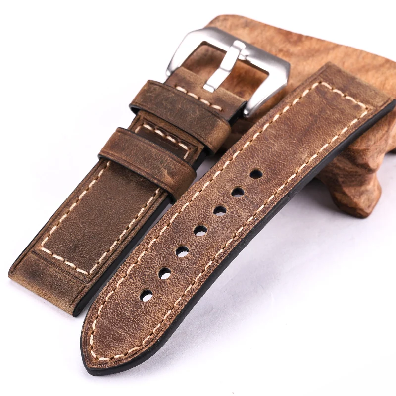 Handmade Cowhide Watchbands 22mm 24mm Men Women Brown Black Red Genuine Leather Watch Band Strap Belt Stainless Steel Buckle
