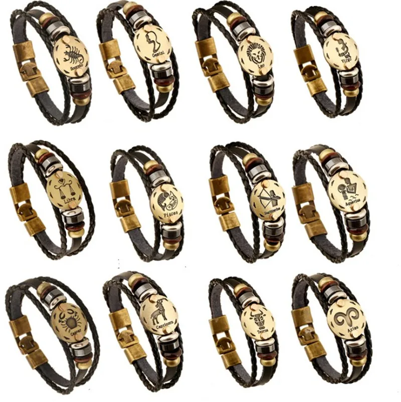 12 Constellations Leather Bracelet for Men Zodiac Signs Punk Multilayer Beads Charms Bracelets Male Jewelry | Украшения и
