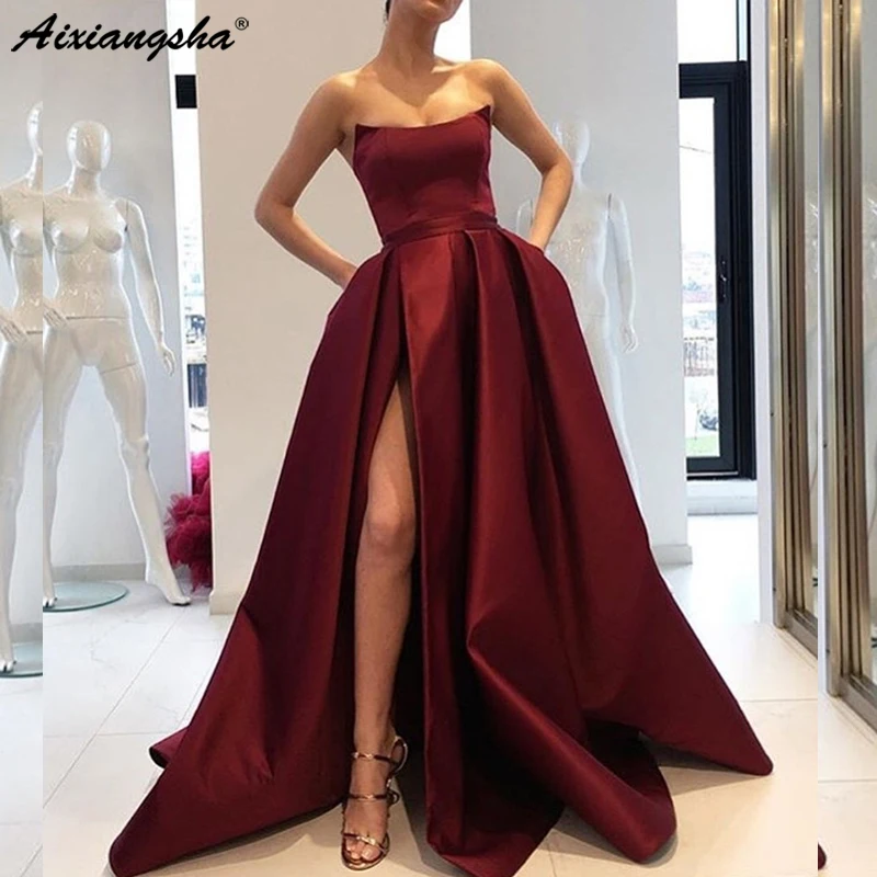 

Burgundy Muslim Elegant Long Evening Dresses A-line Slit Sexy Islamic Dubai Saudi Arabic Formal Evening Gown Prom Dress