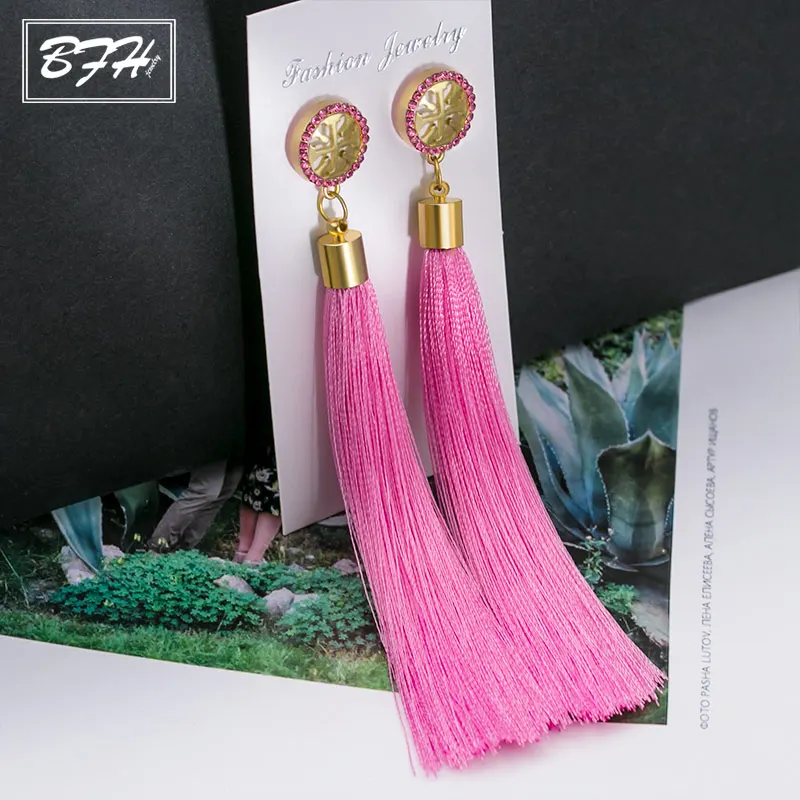 Pink B BFH, модные серьги с кисточками для женщин, богемные длинные серьги с кисточками и кристаллами, черные, синие, красные, шелковая ткань, висячие серьги, ювелирные изделия - Окраска металла: Pink B