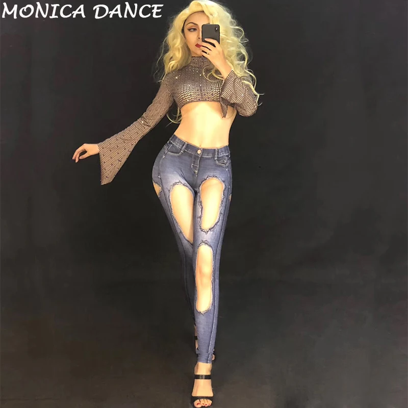 Women Sexy Stage Jeans Jumpsuit 3D Printed Sparkling Crystals Stage Wear Nightclub Party Performance Show Bling Dance Costumes
