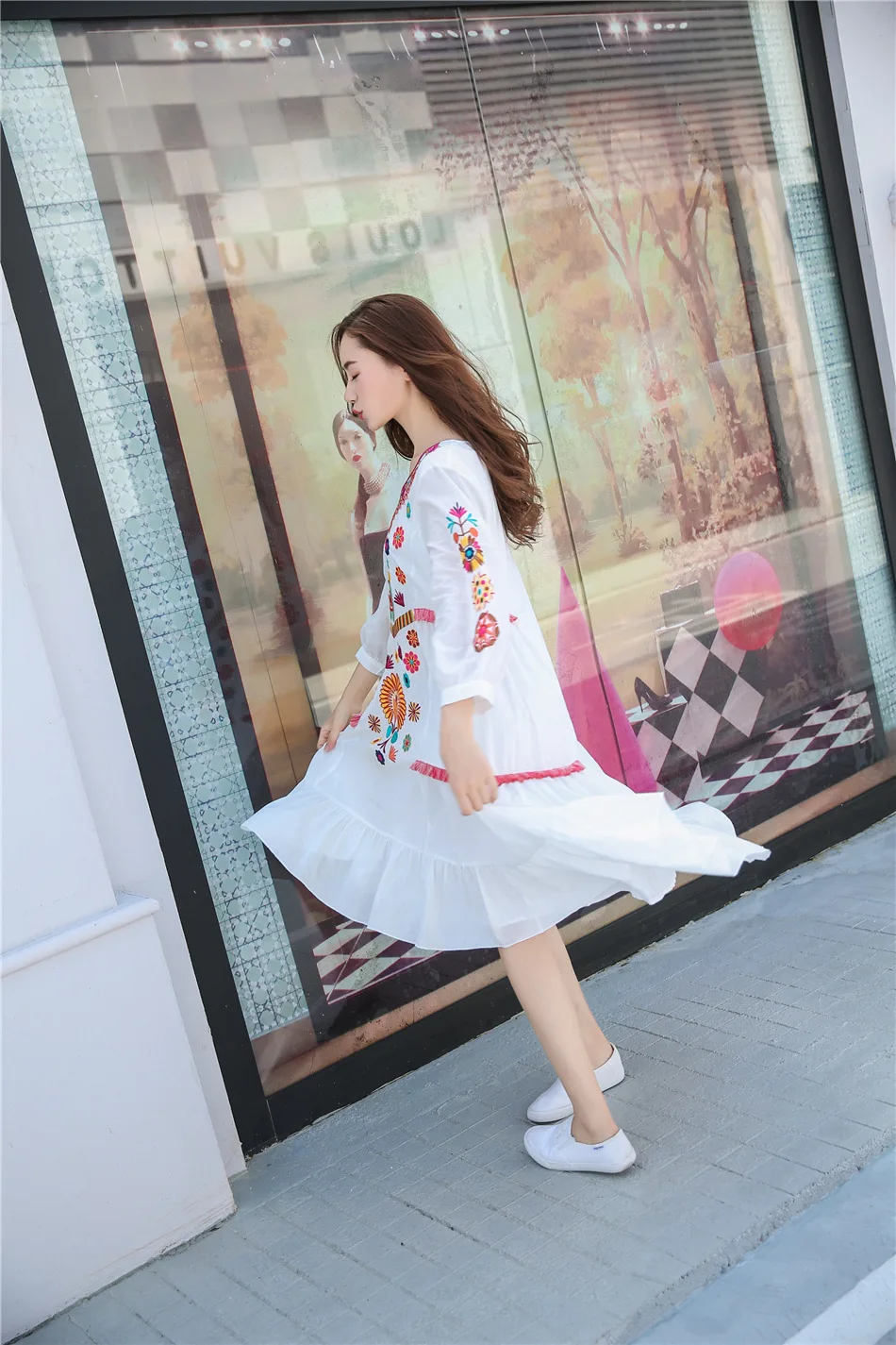 Винтаж 70 s мексиканская Этническая Цветочная вышивка платья женские бохо хиппи