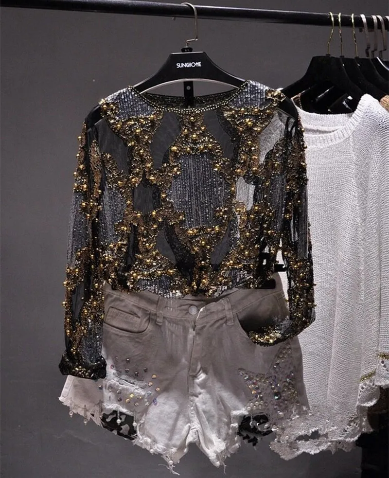 

2022 Runway Women Sexy Mesh Bling Bling Transparent Beading Long Sleeve Lace Shirt Top HOT Sell Sequined Shirt