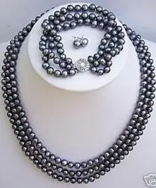 Черный пресноводный TAHITIAN Жемчужное ожерелье браслет серьги набор AKOYA Бесплатная доставка-