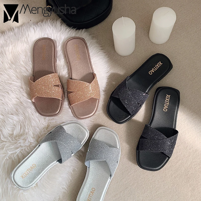 Новинка пляжные шлепанцы с украшением в виде кристаллов женские туфли на плоском