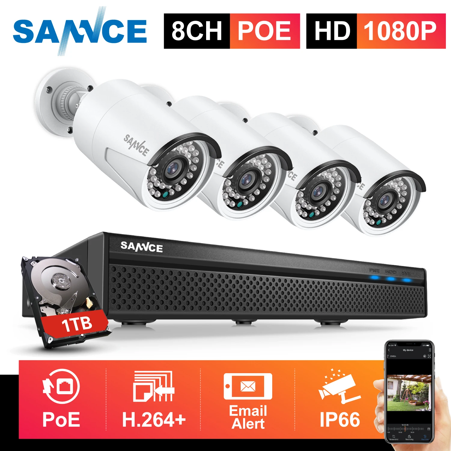 Система видеонаблюдения SANNCE инфракрасные камеры с защитой от непогоды 1080P 8