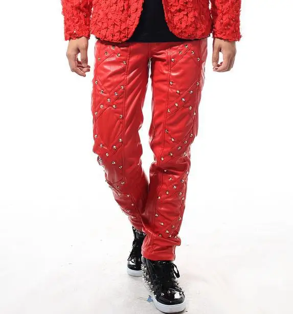 Red Singer Rivets street 1 pu leather pants men 1 pants man stage trousers faux leather pants Provide custom