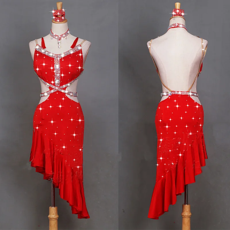 Red Dress Хорошее качество латинский танец платье для женщин горный хрусталь Красное платье Женская Чача шоу бальных латинских для спортивных танцев платье sw1148 - Цвет: Red Dress