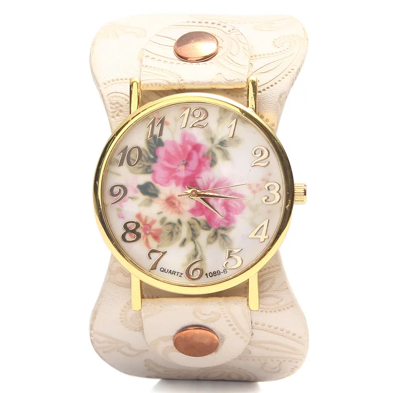 Новый 2015 Мода ЖЕНЕВА Старинные Пион Цветок Часы Женщины Кожа Кварцевые Платье