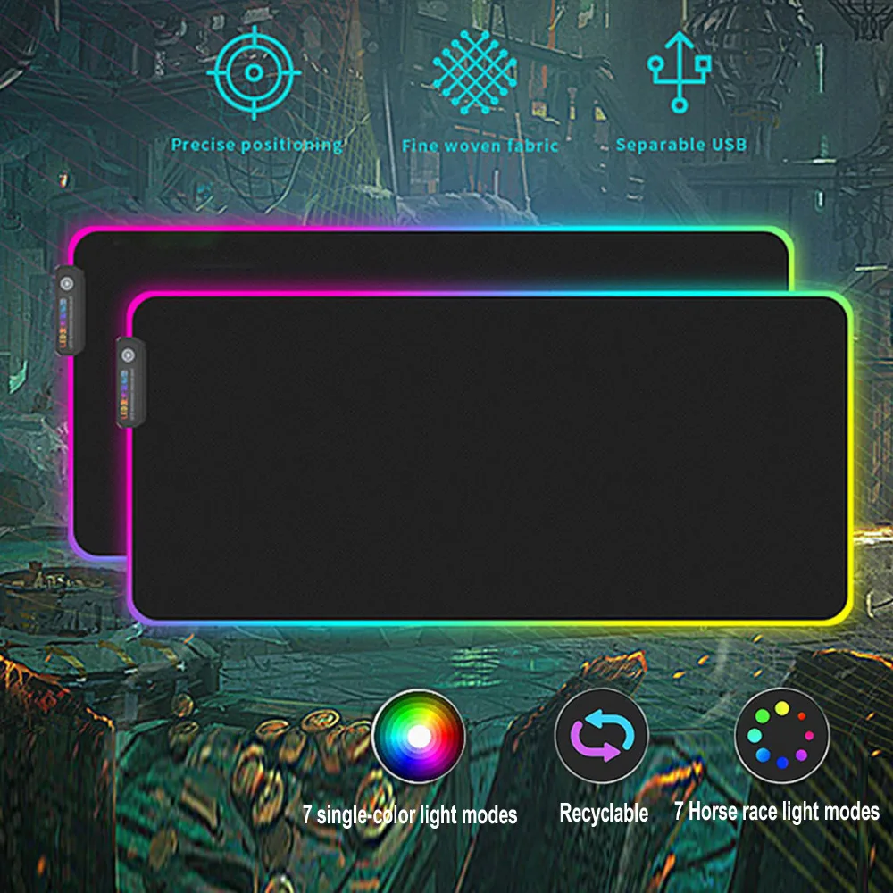 Большой светодиодный RGB коврик для мыши Besegad 80x30 см проводной игровой с USB