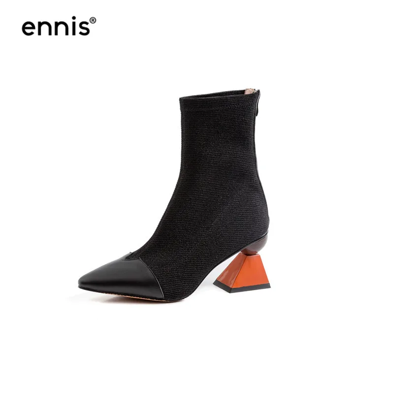 Black ENNIS/ г. ботинки на высоком каблуке женские ботинки из эластичной ткани женские ботильоны с острым носком черная обувь на молнии Осенняя модная новинка, A944 - Цвет: Black