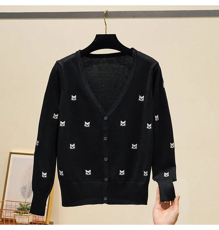 Baharcelin Embroidery cat Sweater jacket Women Cardigan Knitted Coat Jumper Crochet Casual V-Neck Woman Cardigans Tops |