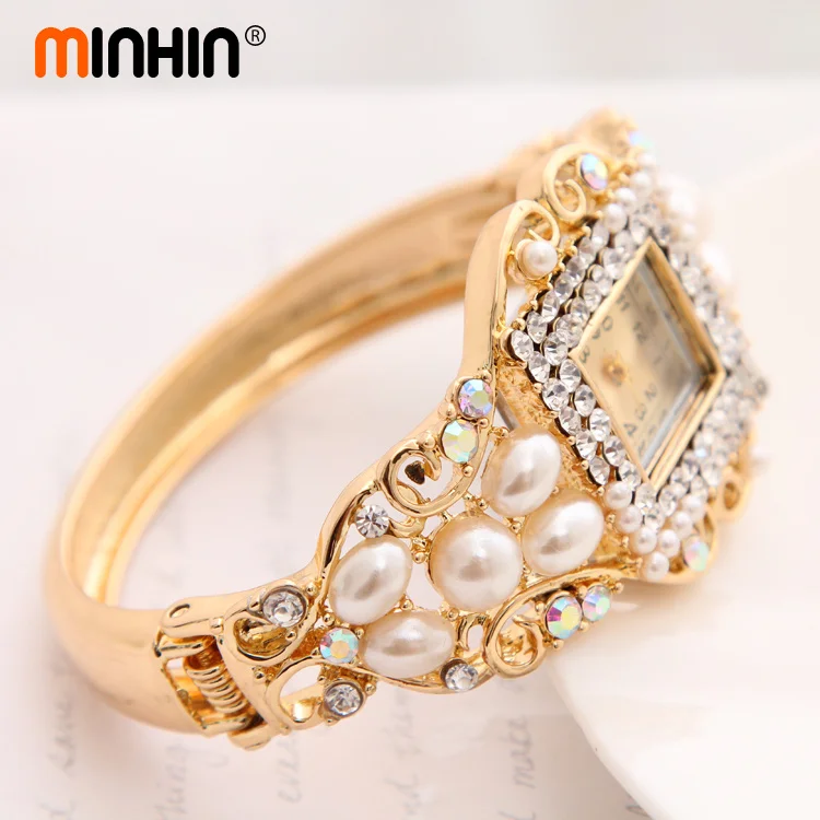 MINHIN оптовая продажа женские благородные часы браслет кристалл Женева кварцевые