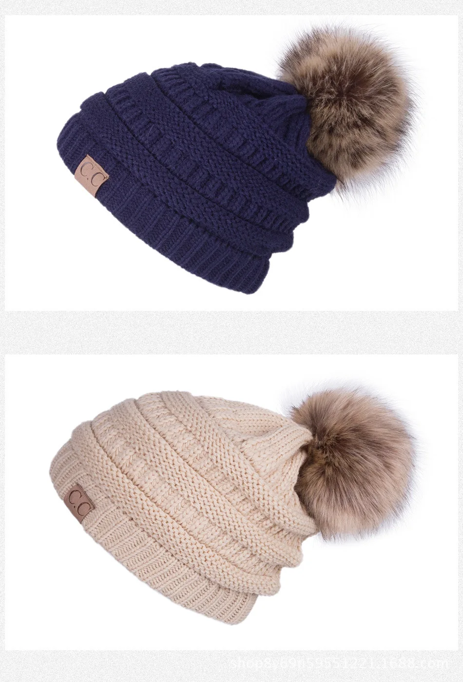 Женская теплая вязаная шапка CC Beanies, шапка из искусственного меха с помпонами, толстая женская шапка Skullies Skully, Женская Повседневная Лыжная Шапка s