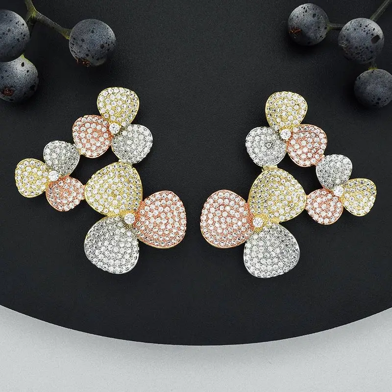 Роскошные серьги ModemAngel в форме цветов с фианитом класса ААА 3 тона медь