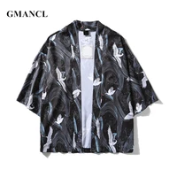 japanese style spring summer men white crane printed kimono cardigan jackets short sleeve casual streetwear loose outwear thin