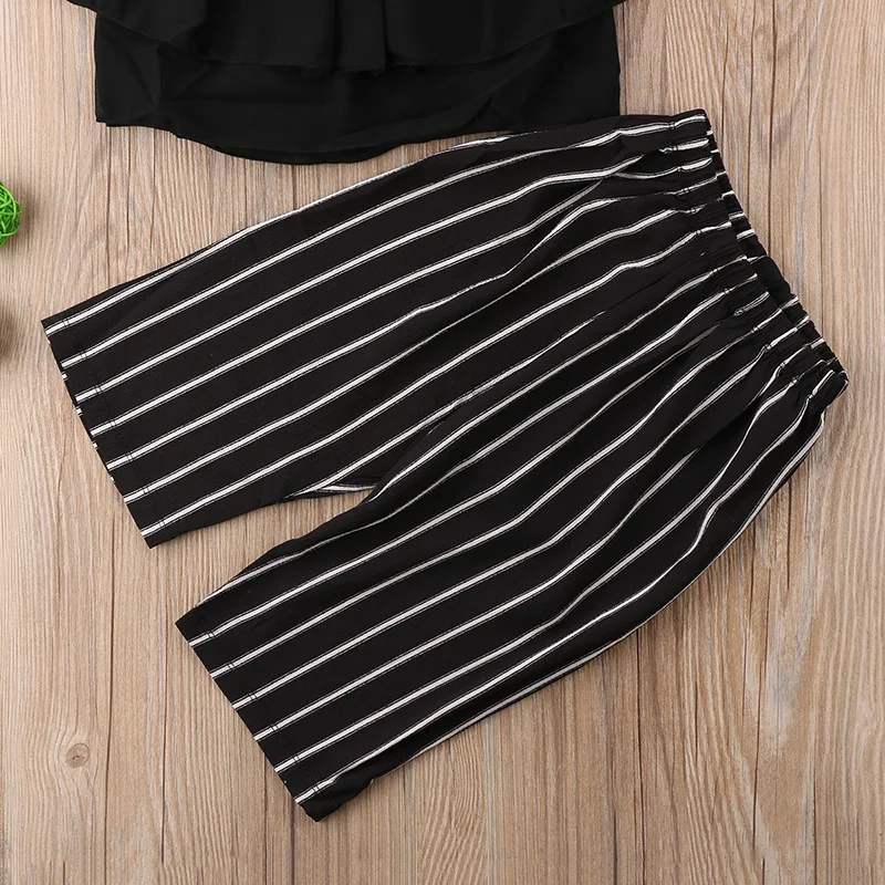 Roupas infantis menino Лето Дети Девушка рукавов ремень топы черный + штаны в полоску