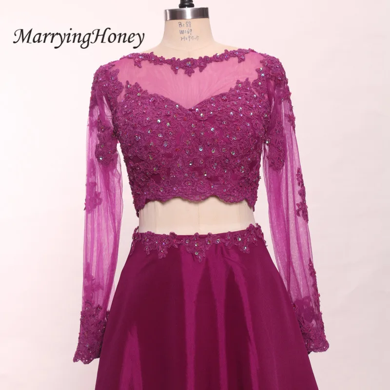 Sexy Sheer Long Sleeve Illusion Back Prom Dresses 2017 Crystal Lace A-line Purple Evening Gowns Vestido De Festa | Свадьбы и