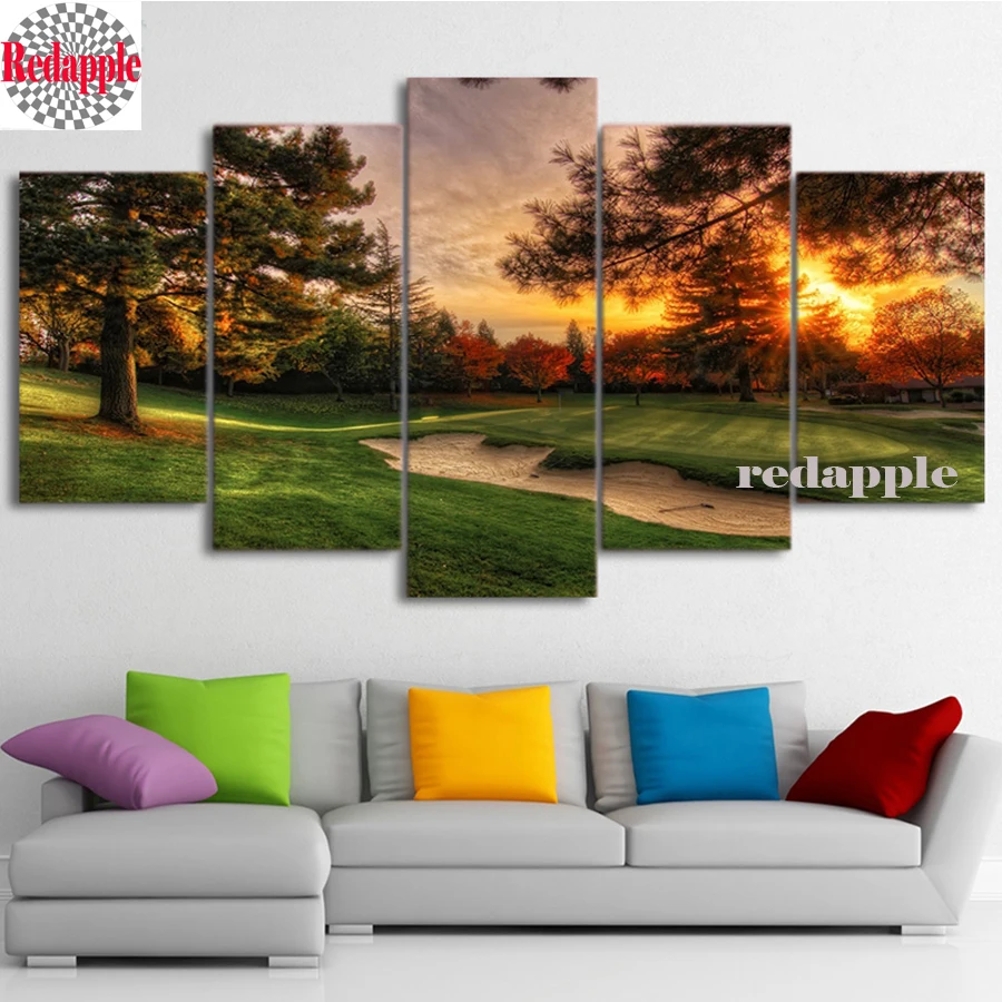 

5PCS Diy Full Square Diamond Embroidery Diamond Painting Cross Stitch Mosaic Needlework Kits Golf Course Trees Sunset Landscape