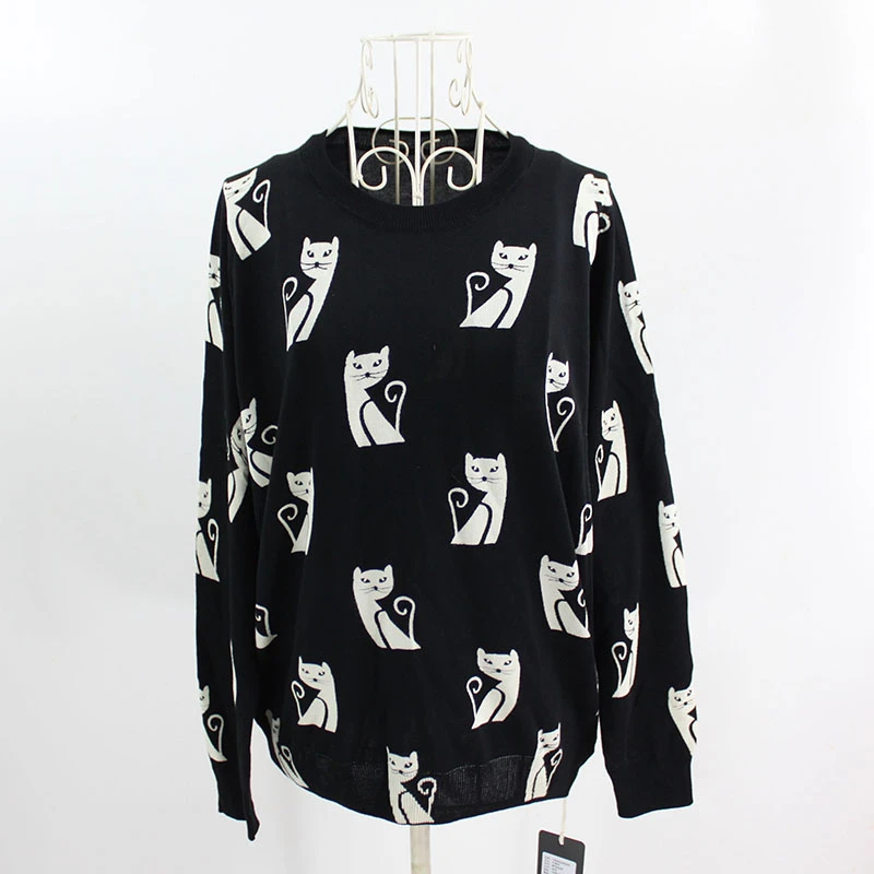 new arrival wool knit women fashion cartoon cat short pullover sweater Oneck dark blue M/XL | Женская одежда