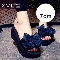 XMISTUO Large Size Stretch Fabric Non-Slip Open Toe Elastic Cloth Belt Bow Sandals Home 7CM High Heels Beach Wedges Slippers