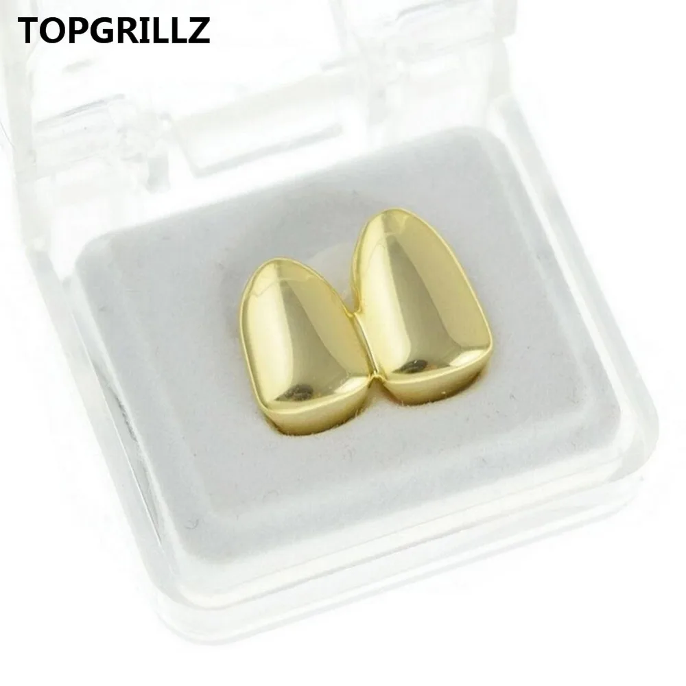 TOPGRILLZ двойные шапки, желтое золото, цвет, покрытие Grillz Canine Plain, два зубца, правый верх, один колпачок, грили