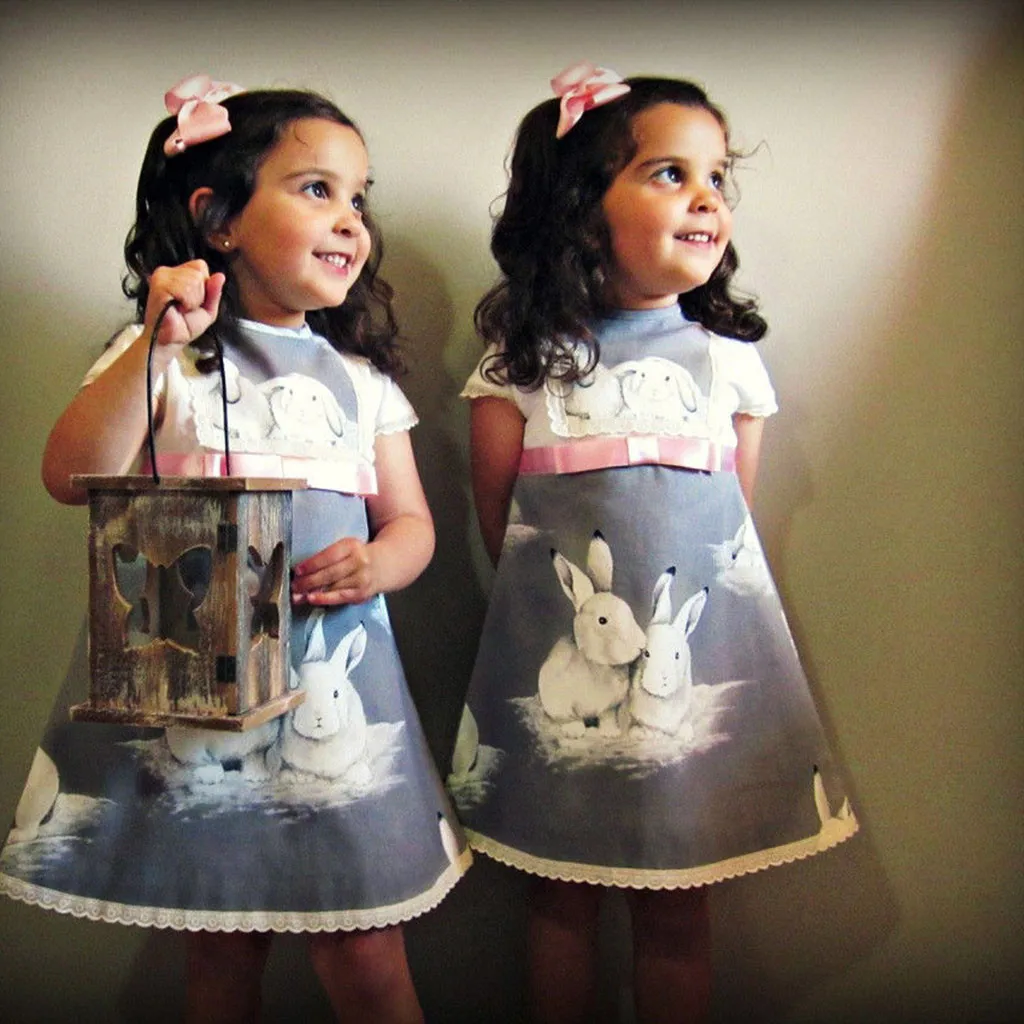Little Girl Ceremonies Dress Cotton Rabbit Print Kids Dresses for Girls Clothes Short Sleeve Wedding Party Easter Day Gown W606 | Детская