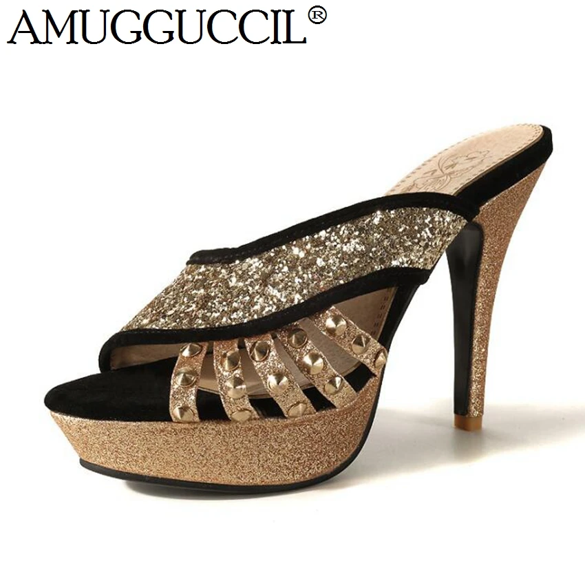 

2021 New Plus Big Size 32-46 Black Red Blue Rivets Bling Fashion Sexy High Heel Platform Summer Female Womens Lady Sandals L695