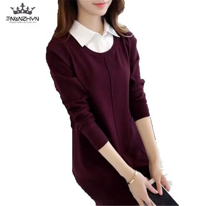 2019 Autumn New Loose Women Pullover Sweater Long Section Fake Two Shirt Collar Knitwear Jacket A1818 | Женская одежда