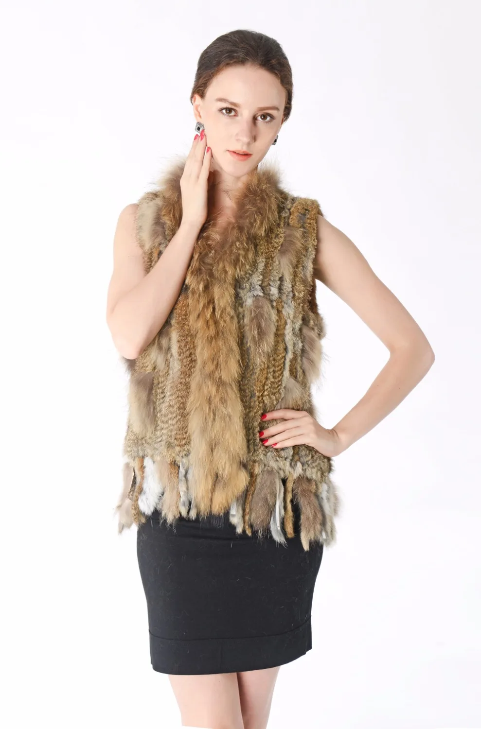 Новинка 2019 вязаный жилет из кроличьего меха с воротником енота куртка без