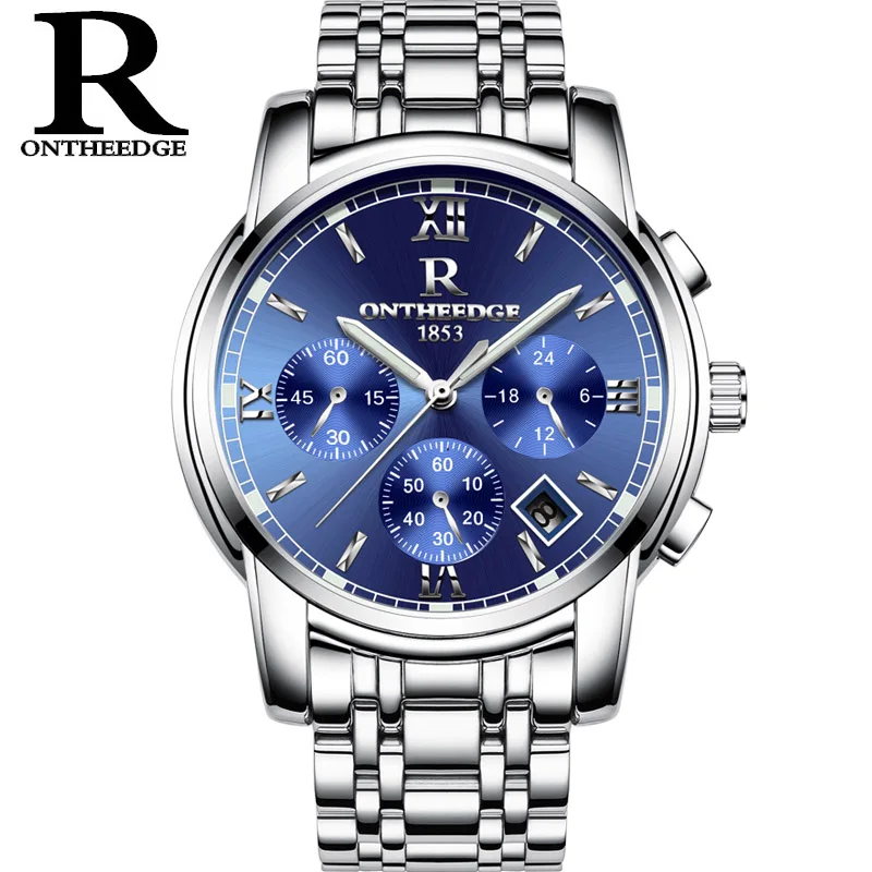 silvery blue Мужские кварцевые часы золотые повседневные деловые наручные часы из нержавеющей стали новые модные часы для мужчин мужские часы OnTheEdge люксовый бренд - Цвет: silvery blue