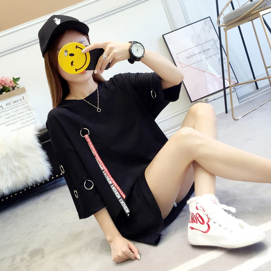 Длинная летняя футболка для женщин K pop с ленточным кольцом свободная уличная Ulzzang