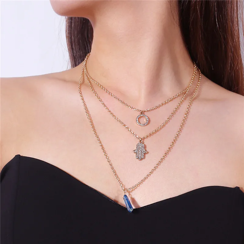 collares largos de moda 2018 collar oral fashion personality Suit Adornment geometry Fatima's hand Multi-storey Necklace | Украшения и