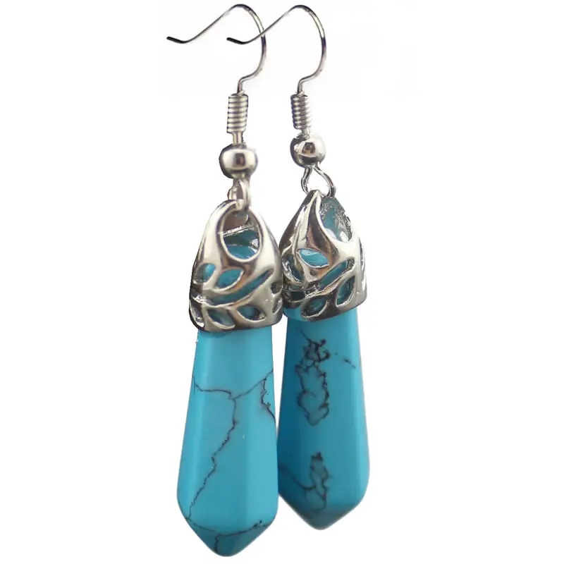 blue turquoise Винтажный серебряный цвет натуральный драгоценный камень висячие серьги женские пули аметисты опал кварц Агаты бирюзовый камень серьги - Окраска металла: blue turquoise