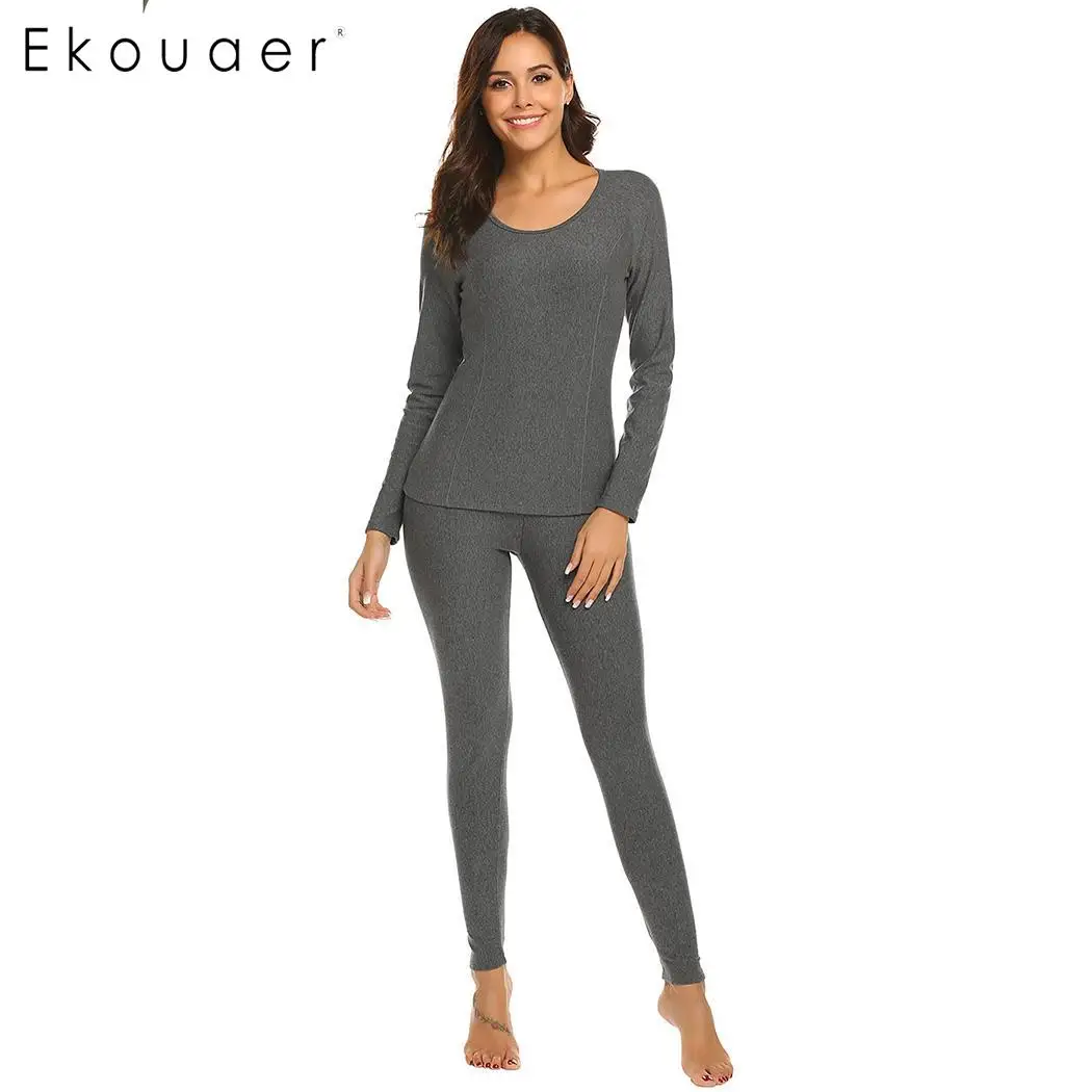 Dark Grey Ekouaer, женское термобелье, многослойный базовый пижамный комплект, одежда для сна, домашняя одежда, осень-зима, теплое нижнее белье, наборы, Женские кальсоны - Цвет: Dark Grey