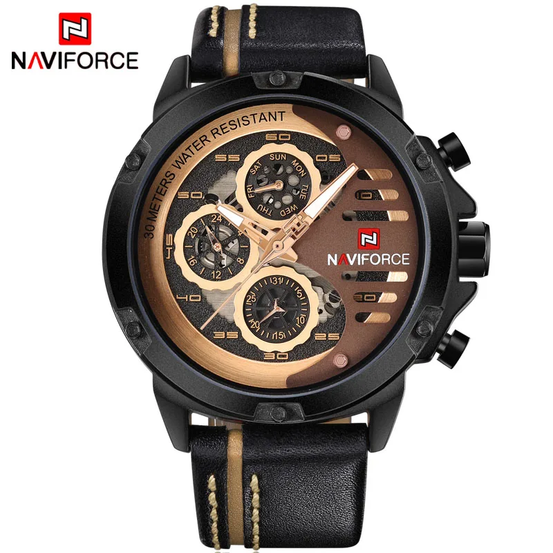 black brown NAVIFORCE мужские часы с датой и неделей, спортивные мужские часы, Топ бренд, Роскошные военные армейские бизнес часы из натуральной кожи, кварцевые мужские часы 9110 - Цвет: black brown
