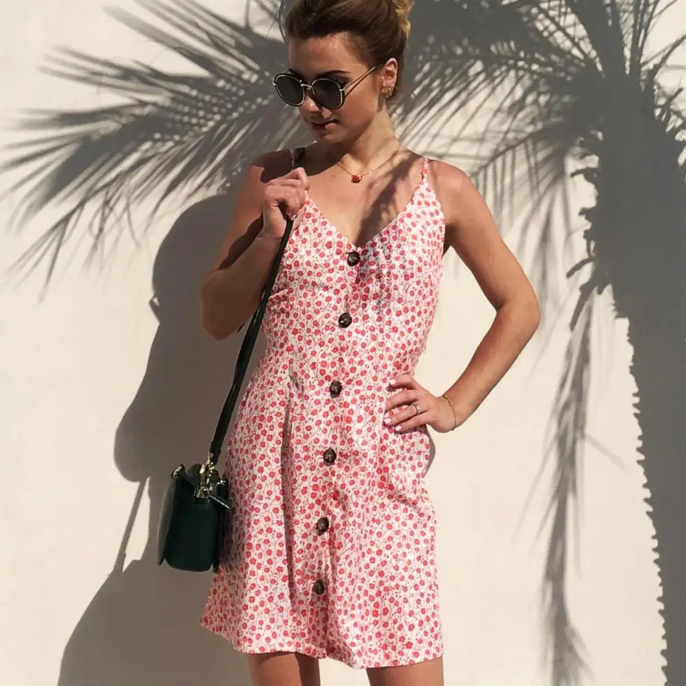 BONJEAN women's single row button printing strap dress backless sexy straps bow casual vacation A word beach dress 2019 summer