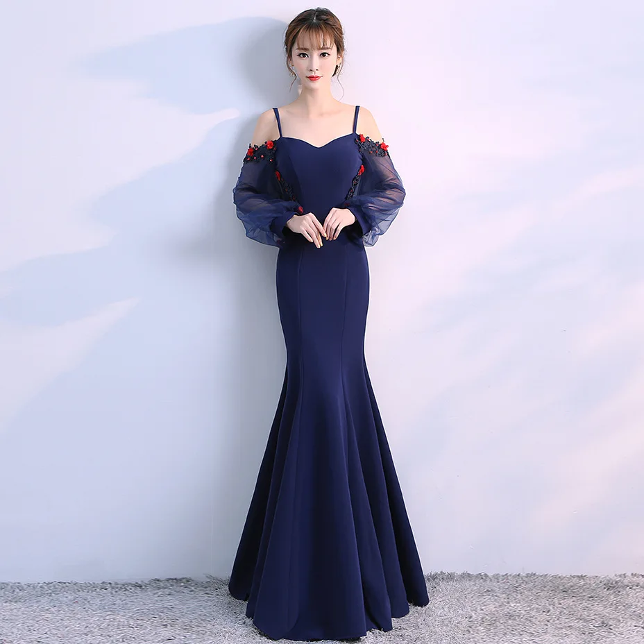 Sexy Long Elegant Mermaid Sleeve Evening Dresses 2019 Tulle Backless Dress Royal Blue Vestido De Festa Longo | Свадьбы и торжества