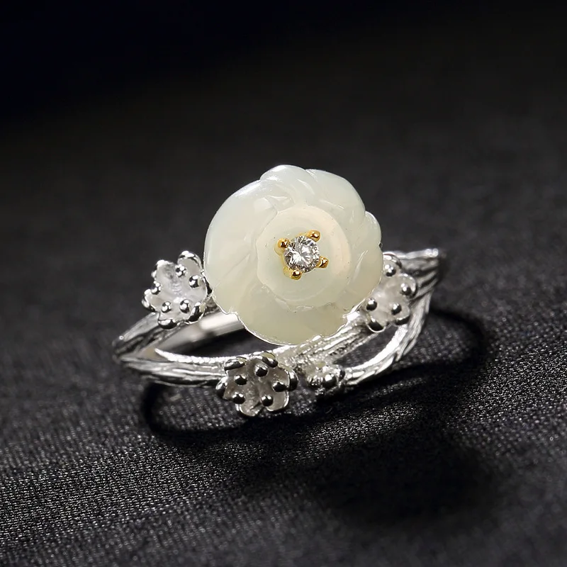 S925 pure silver natural Hetian white saic plum blossom lady high-end open ring | Украшения и аксессуары