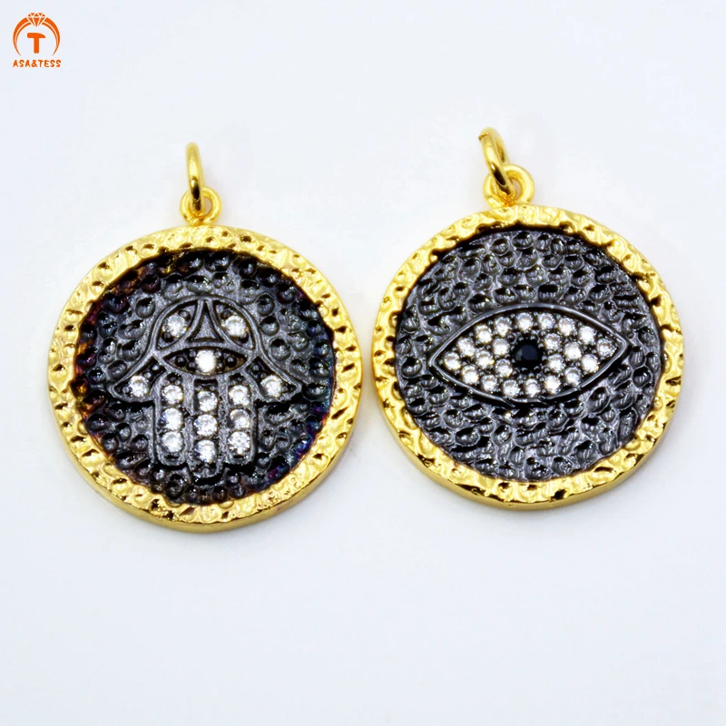 

ASA&TESS Shiny Gold Hamsa evil eye pendant 18x22mm Cubic Zirconia Hamsa Fatima Hand Micro Pave CZ eye Hamsa Charms