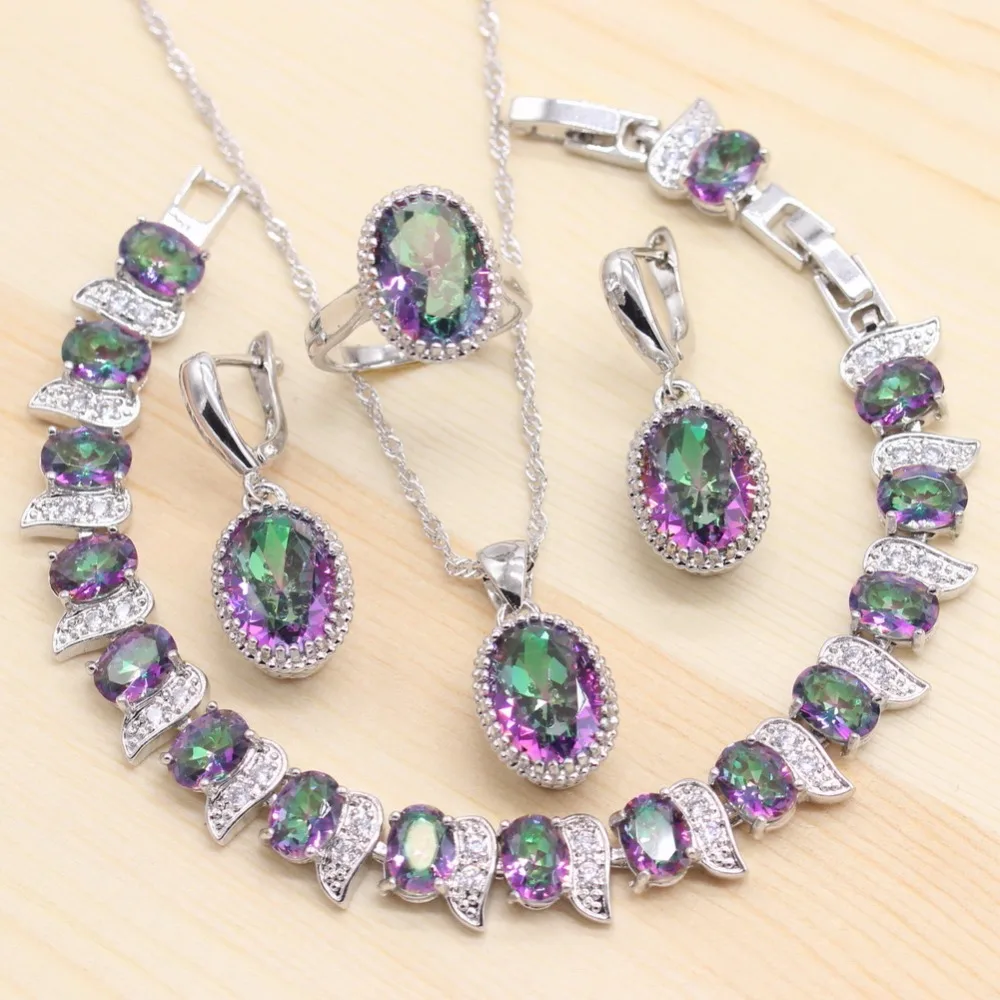 Серебристый костюм для женщин 4 шт. Ювелирные наборы Радужный Цирконий браслетов
