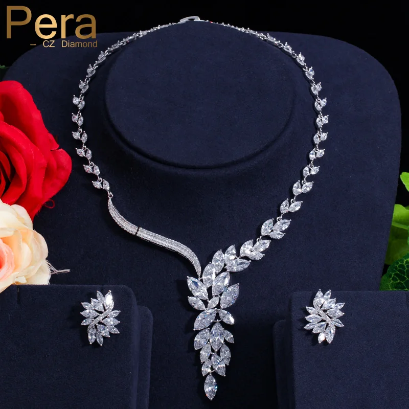 

Pera Elegant Women Engagement Wedding Party Jewelry Big Marquise Shape Cubic Zirconia Drop Necklace Earrings Set For Brides J016