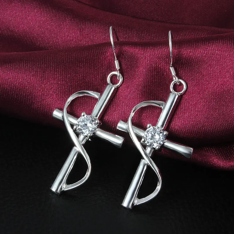 Party Jewelry Dress Earring Silver Plating Cross Drop with Zircon for Women Dangle Earrings | Украшения и аксессуары