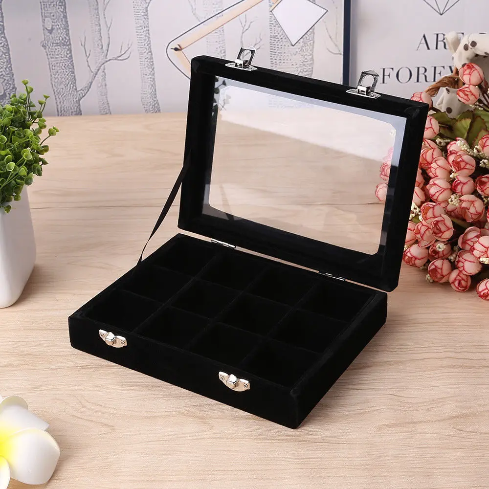Черный бархатный стеклянный чехол для хранения ювелирных изделий с 12 ячейками